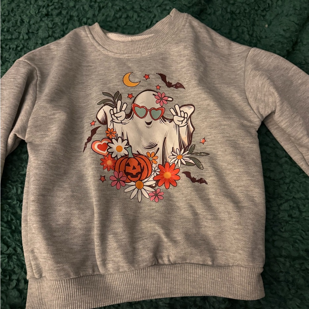 Gray Halloween Sweatshirt with Ghost and Flowers